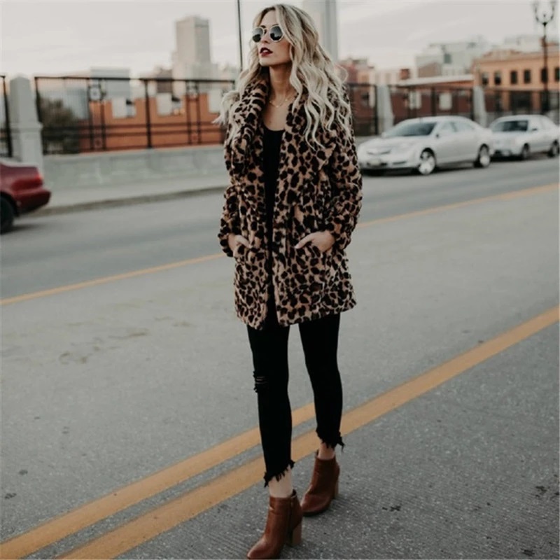 Faux Fur winter coat for women - Leopard Print Design