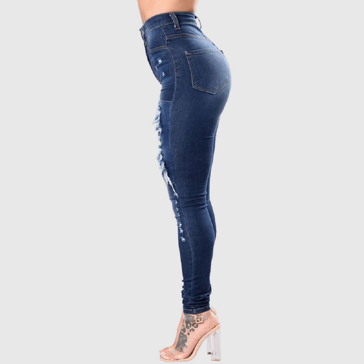 High Rise Distressed Jeans Blue Jeans ripped stretch denim tight fitting  jeans