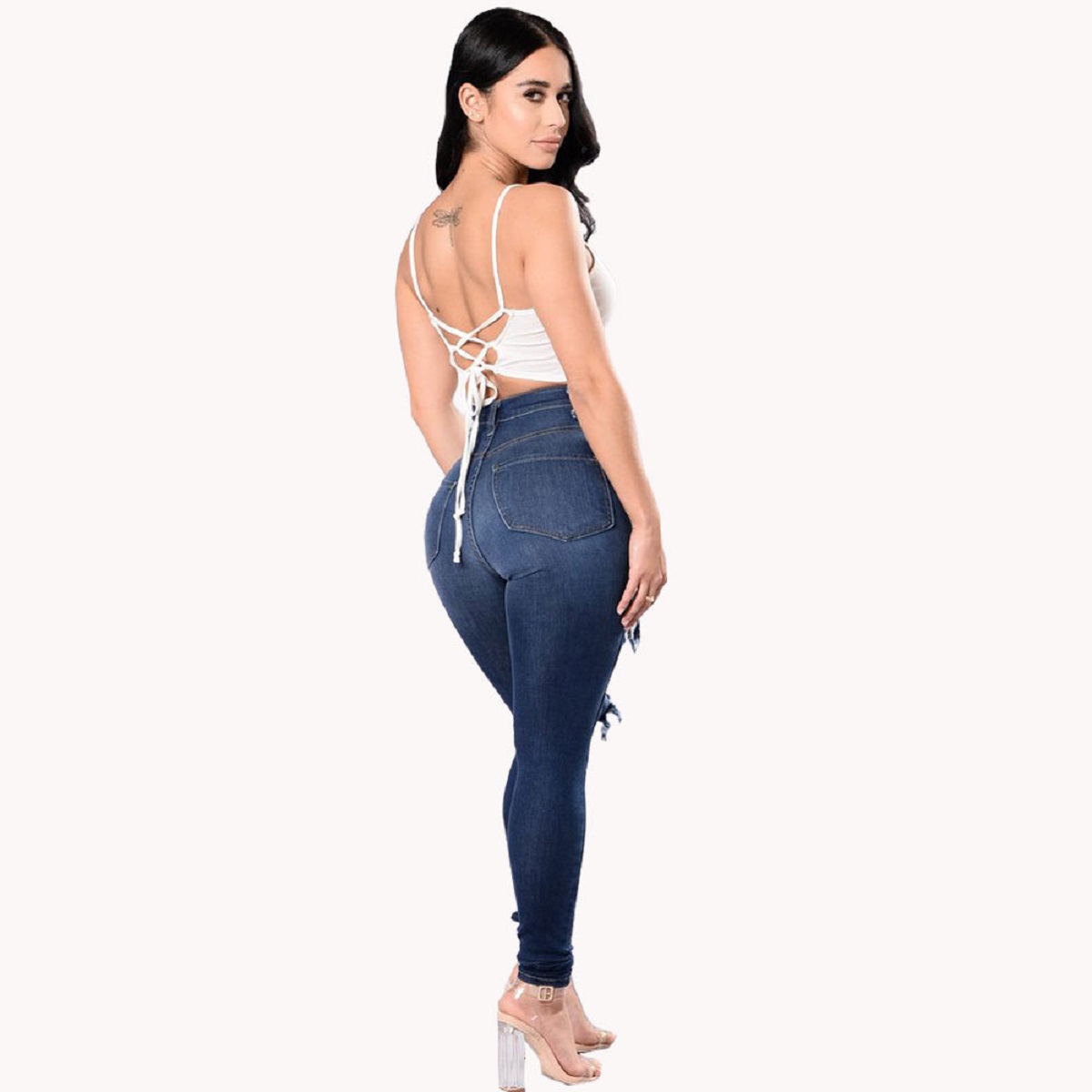 High Rise Tight Fitting Distressed Jeans, Blue Jeans ripped stretch denim tight fit 