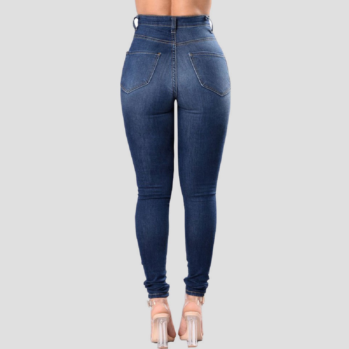High Rise Tight Fitting Distressed Jeans, Blue Jeans ripped stretch denim tight fit 