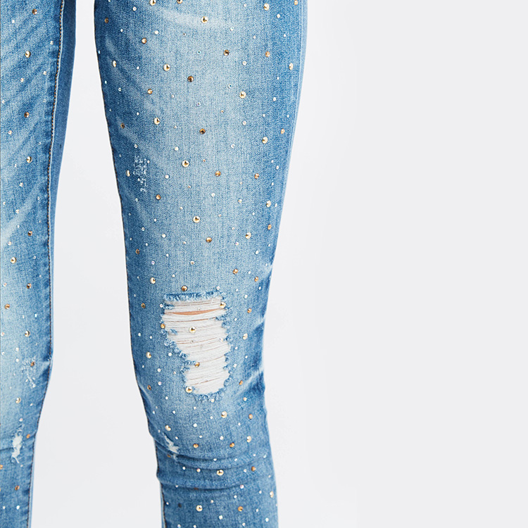 Low Rise Tight Fitting Distressed Jeans with sparkles and paint dots, Blue Jeans ripped stretch denim tight fit 