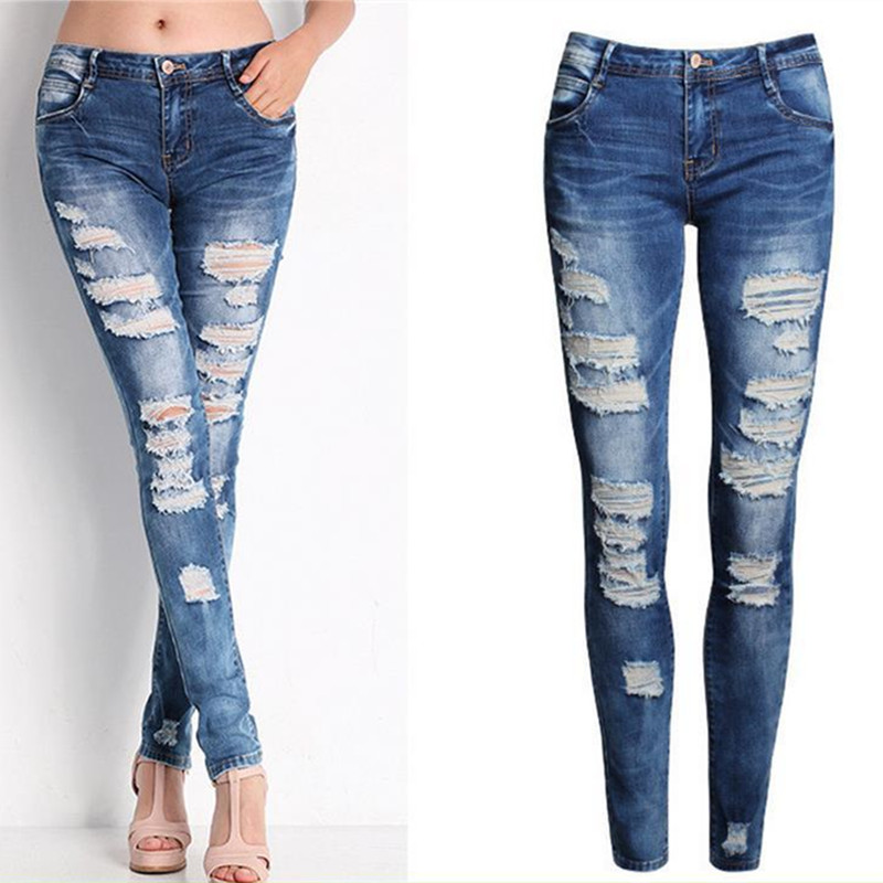 Mid Rise Tight Fitting Distressed Jeans, Blue Jeans ripped stretch denim tight fit 