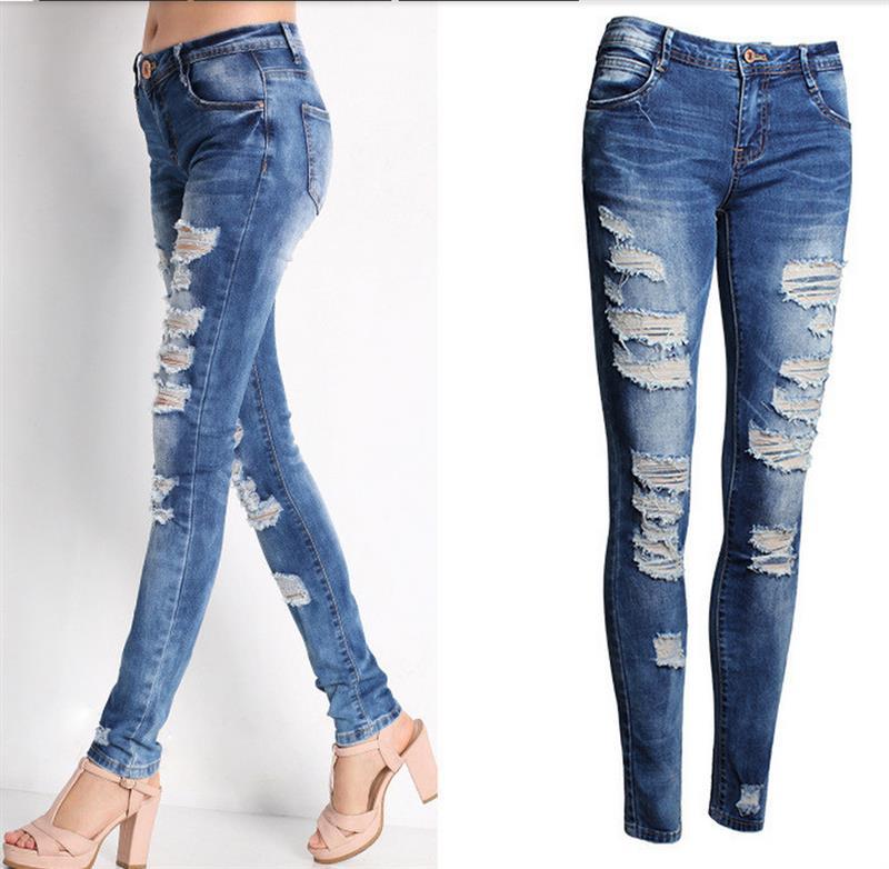 Mid Rise Tight Fitting Distressed Jeans, Blue Jeans ripped stretch denim tight fit 