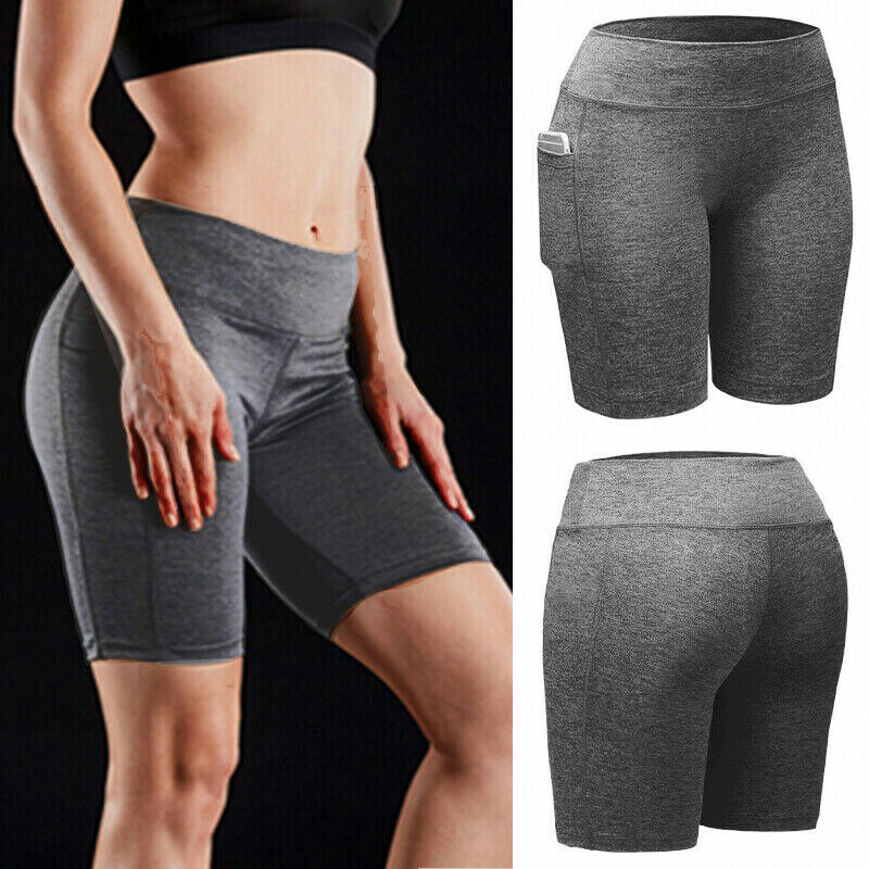 High Rise Yoga Shorts with Pockets, Bermuda Shorts - Long Shorts - Bikers Shorts - with pockets, Gray