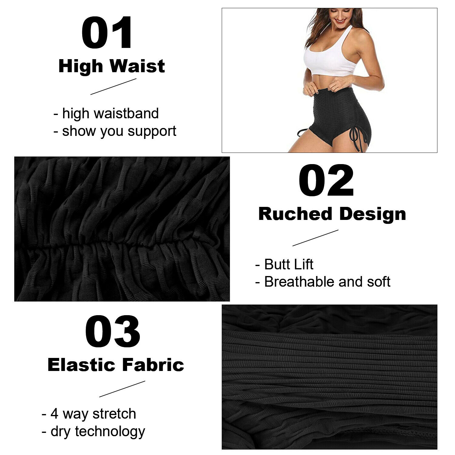 High Rise Ruched Yoga Shorts, Push-up and butt-lifting design, sexy high cut,Sexy Shorts Short Shorts, black