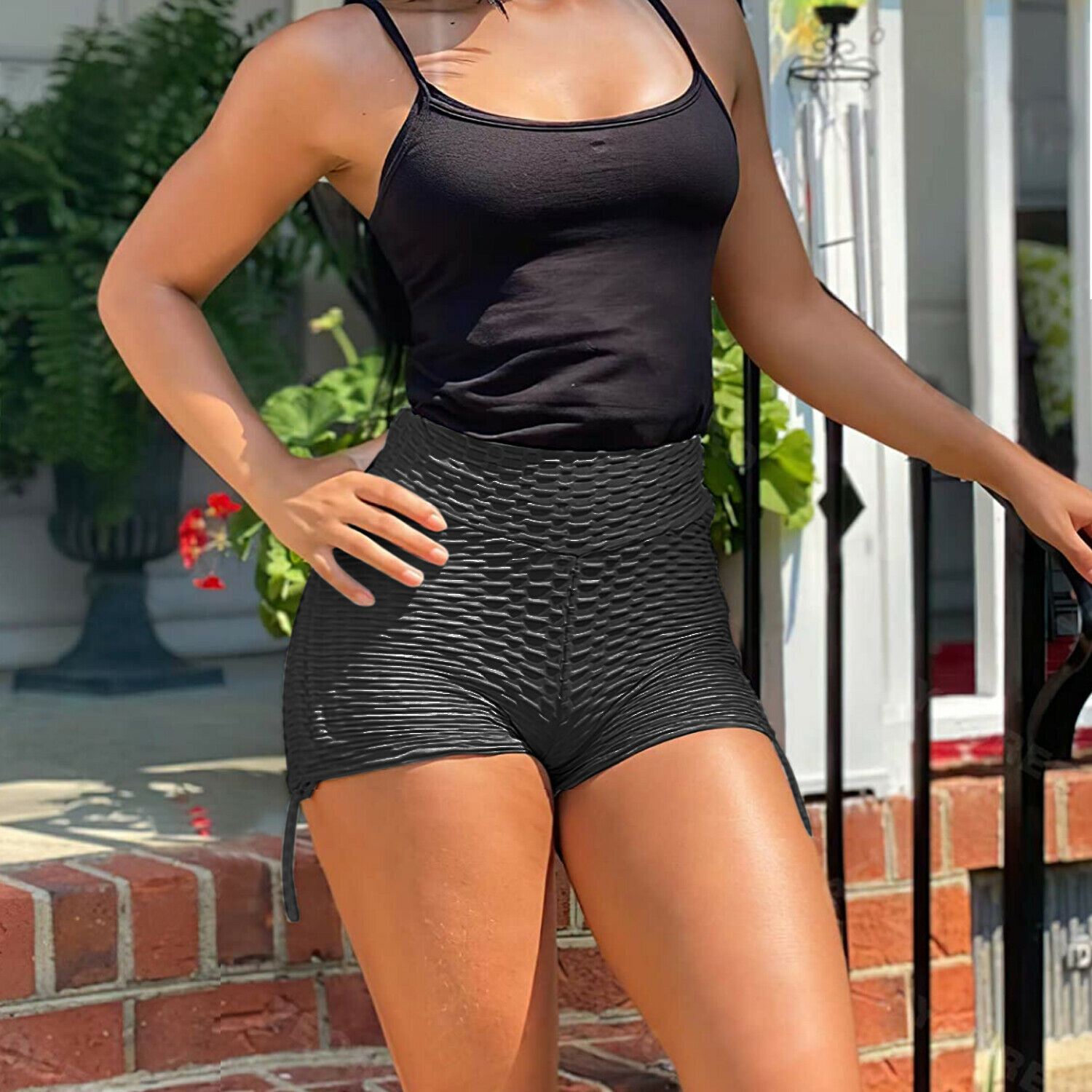 High Rise Ruched Yoga Shorts, Push-up and butt-lifting design, sexy high cut,Sexy Shorts Short Shorts, black