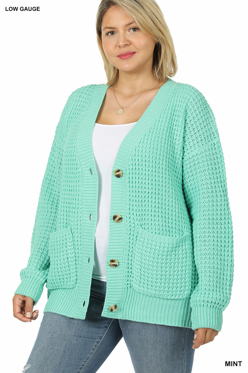 Plus Size Cardigan with Large Pockets and Buttons - Mint Color