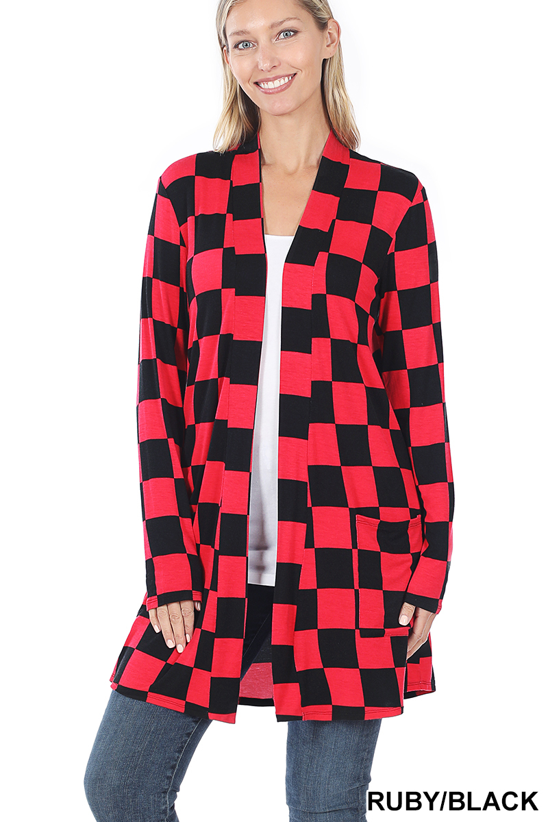 Long Checkered Cardigan - Mid Thigh - Slouchy Pockets, Ruby Red and Black