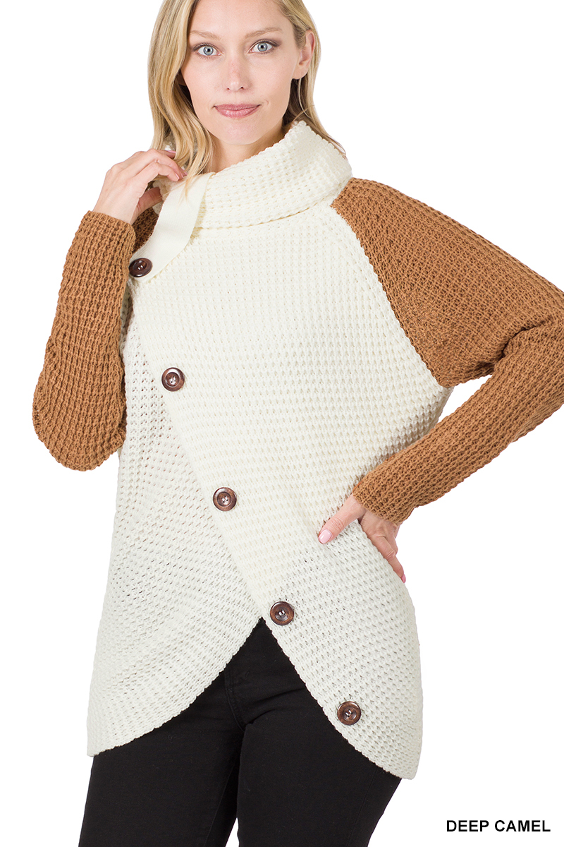 Wrap Style Turtleneck Sweater - Asymmetrical Hem - Contrast Sleeve