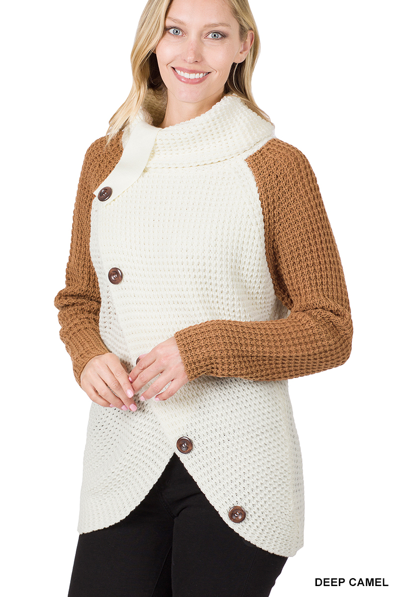 Wrap Style Sweater - Asymmetrical Hem - Contrast Sleeve