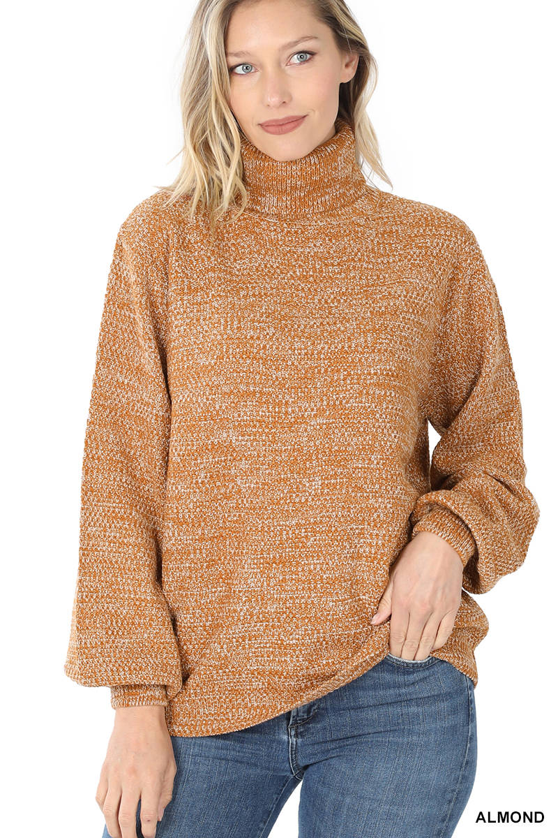 Turtleneck Melange Sweater with Balloon Sleeves, color almond,
