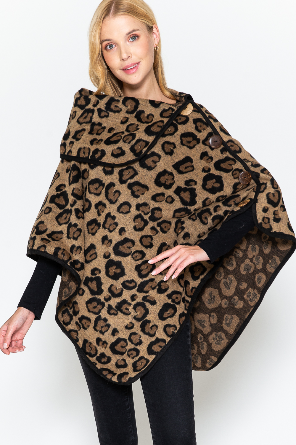Leopard Print Poncho, Buttoned Collar, Stay warm and hip