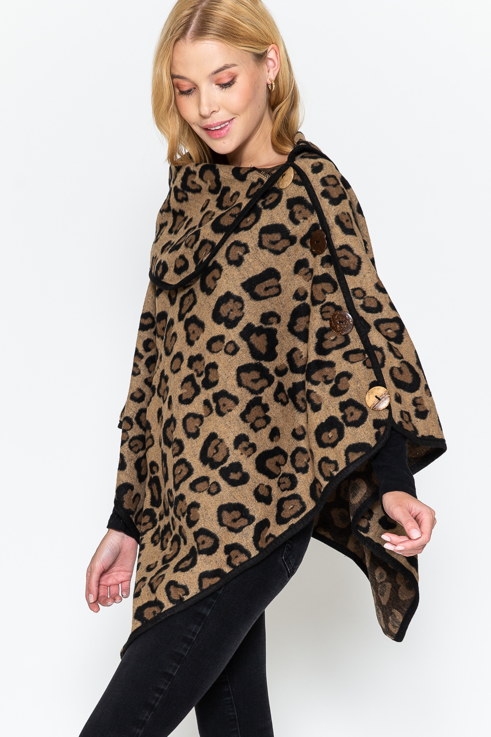 Leopard Print Poncho, Buttoned Collar, Stay warm and hip