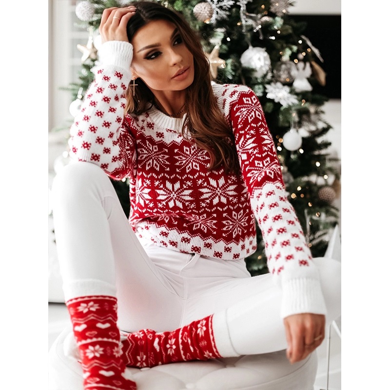 Red & White Christmas Sweater for Women, full sleeve, o-neck,ugly christmas sweater