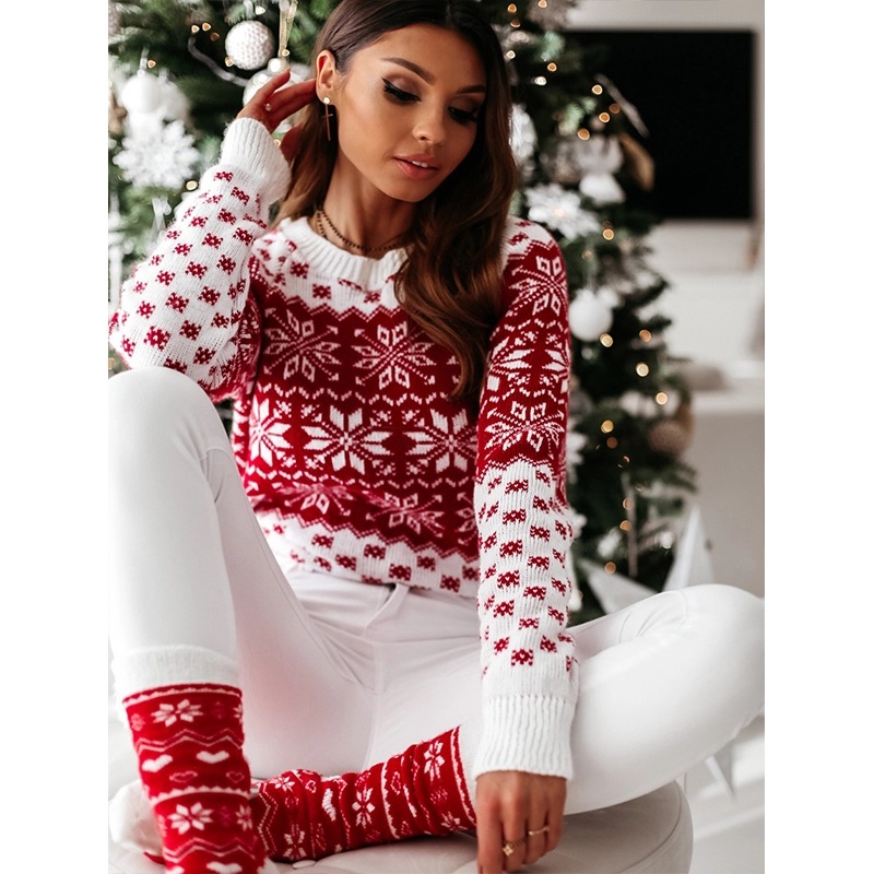 Red & White Christmas Sweater for Women, full sleeve, o-neck,