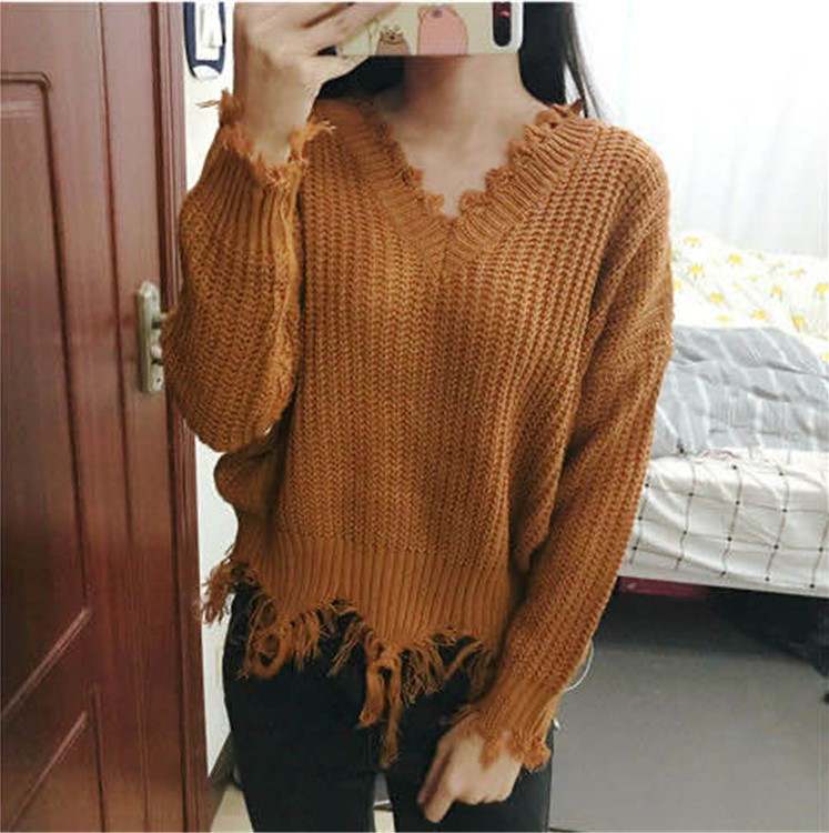 Shredded Sweater for women- Long Sleeve - V-Neck - distressed sweater