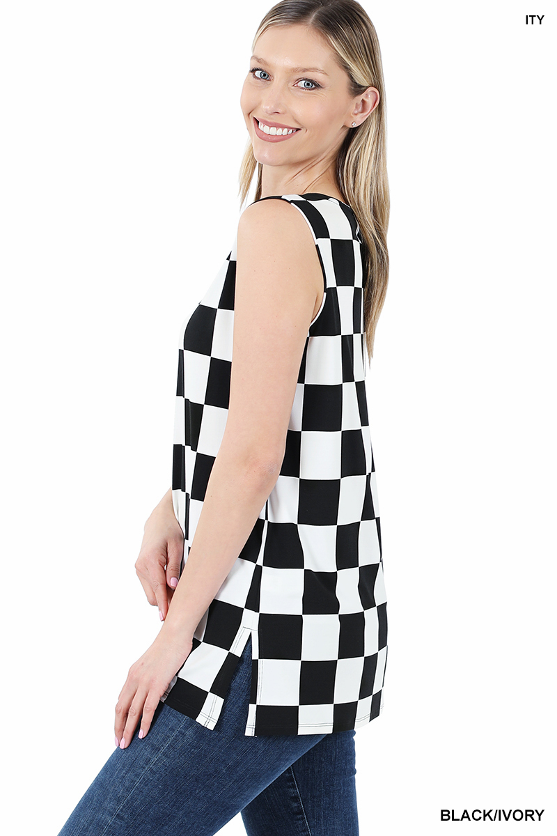 Checkered Print Sleeveless Top with side slit