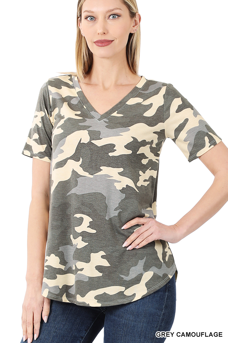 Short Sleeve Camouflage T-Shirt, V-Neck - Round Hem camo tee for women