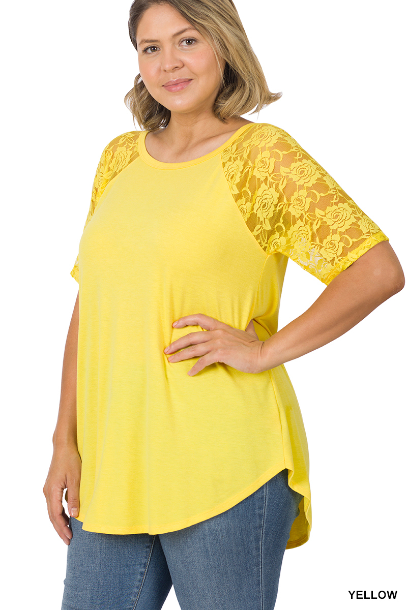 Short Sleeve Plus Size Top with Lace Detail, solid yellow with round neck and hem