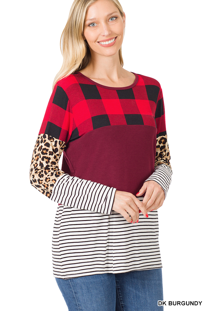 Buffalo Plaid Leopard Striped Top Red and Black Long Sleeves Top