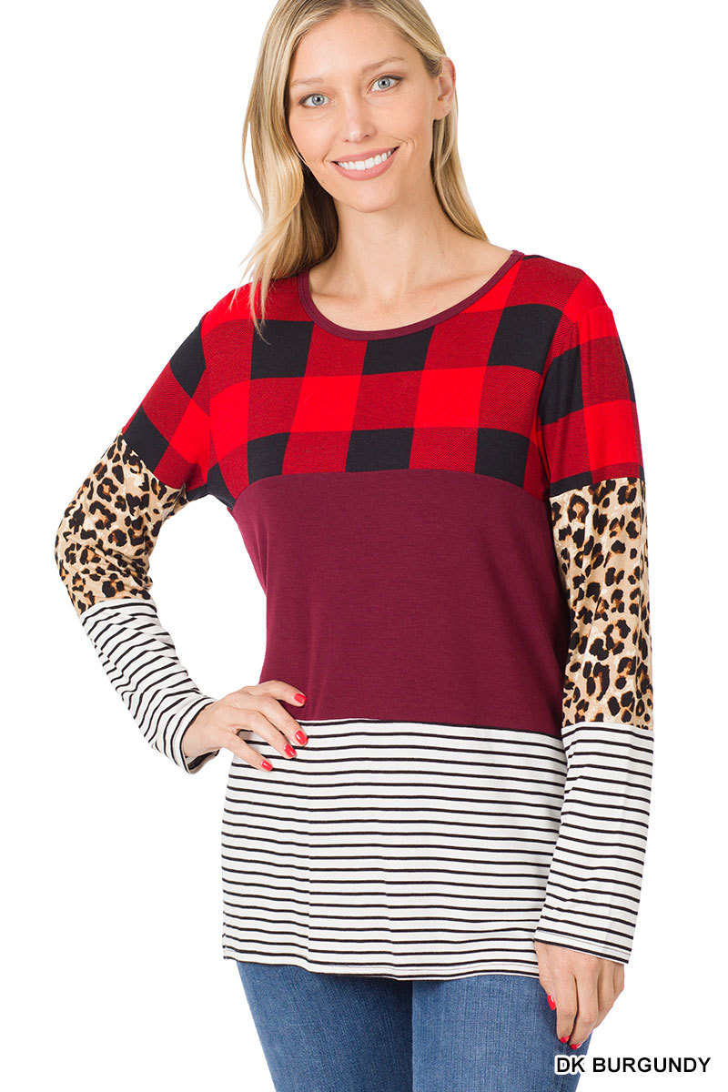 Buffalo Plaid Leopard Striped Top Red and Black Long Sleeves Top