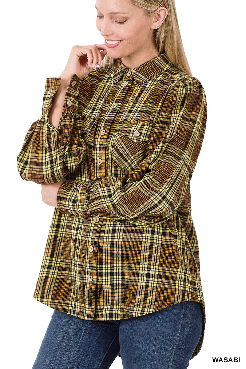 Buttoned down plaid checkered dress shirt, Puff sleeve Hi-Low hem shirt