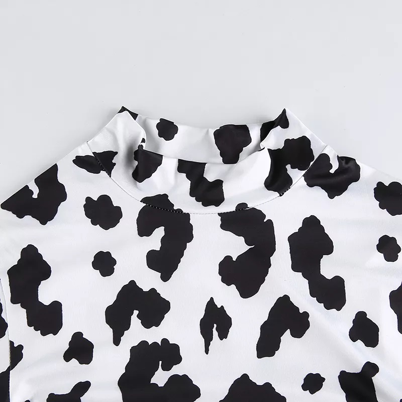 Cow Print Crop Top, Full Sleeve - Crop Top - O-Neck