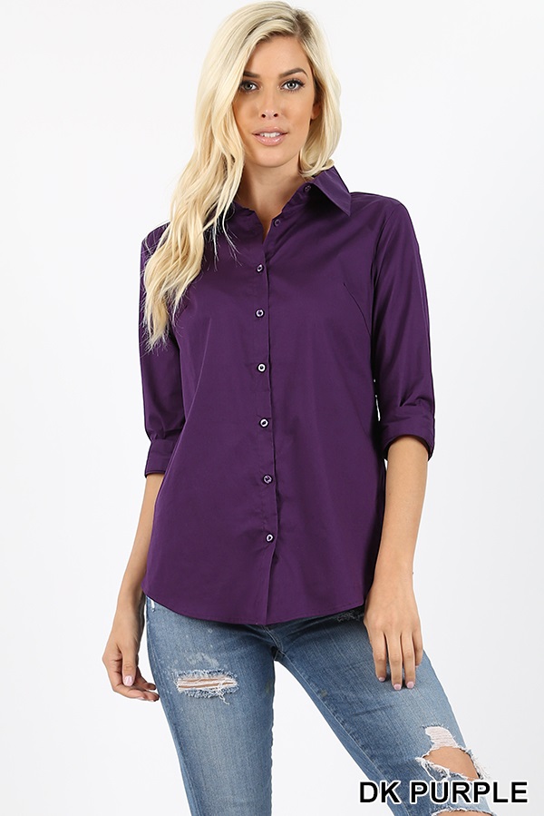 Women's Classic Shirt 3/4 Folded Sleeve Solid Button Down Blouse Dress Shirt
