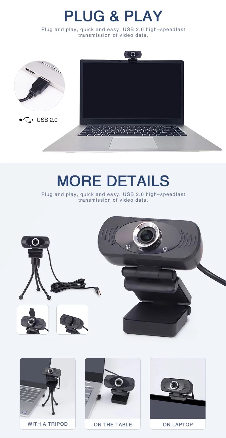 Full HD 1080P Webcam with privacy filter and tripod, Plug & Play USB WebCam 1080P HD with Microphone 