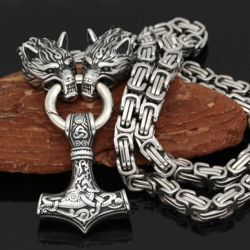 Wolf Head Mjolnir Thor Hammer Pendant Necklace Viking Celtic Norse Gifts Stainless Steel King Chain Black Gun Plated Men's Jewelry