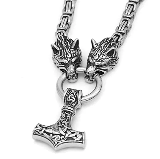 Wolf Head Mjolnir Thor Hammer Pendant Necklace Viking Celtic Norse Gifts Stainless Steel King Chain Black Gun Plated Men's Jewelry
