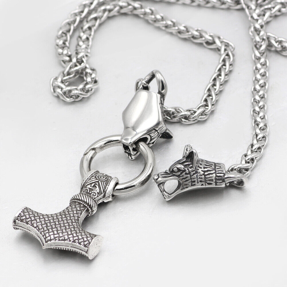 Wolf Head Mjolnir Thor Hammer Pendant Necklace Vi Celtic Norse Gifts Stainless Steel  Chain Black Gun Plated Men's Jewelry