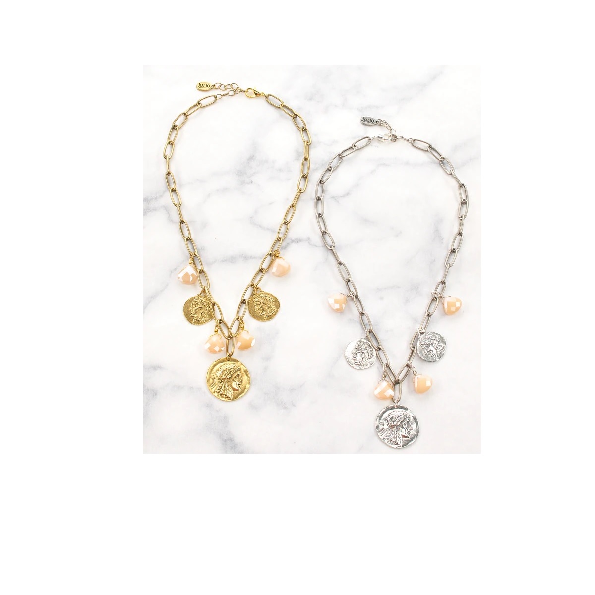 Roman coin trio on paperclip chain with crystal briolette accents. 