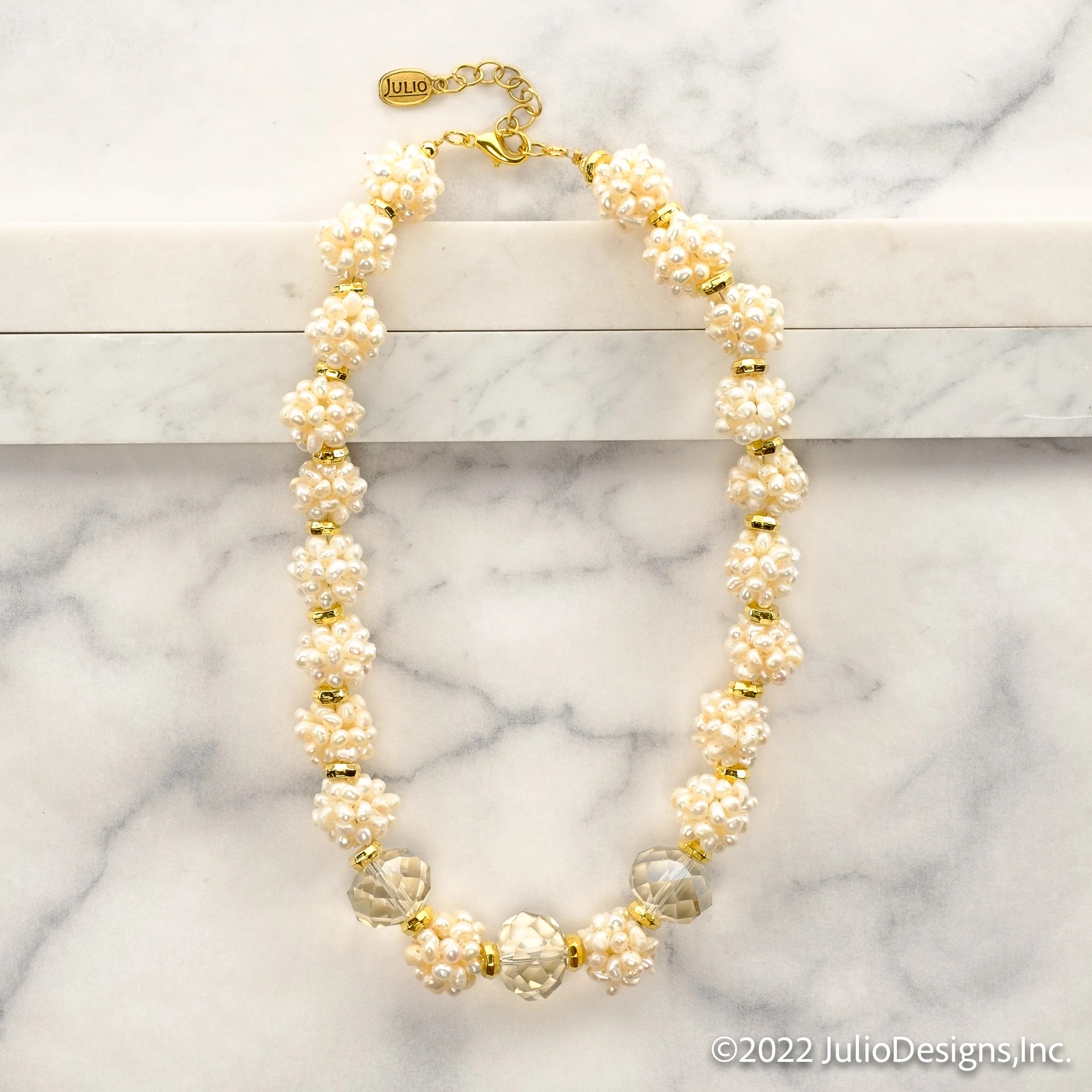 Cornelia Necklace - Natural freshwater pearl clusters with faceted champagne crystal accents. 17