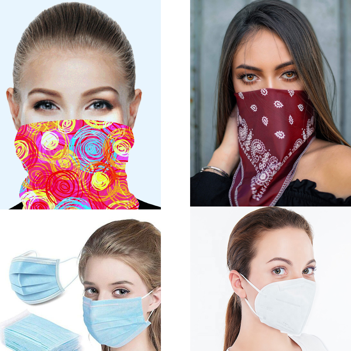 Mega Face Masks bundle includes tube bandanas, square bandanas, blue disposable face masks and the white KN95 disposable face masks