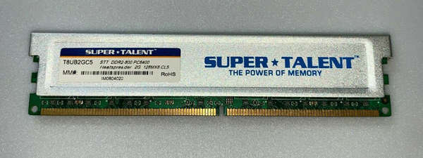 Super Talent T8UB2GC5, 2GB DDR2 800MHz PC6400 Silver , Heatspreader 2G 128x8 Non ECC,