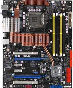 Asus P5E Motherboard, Supports Intel ® Core2 Quad / Core2 Extreme / Core2 Duo / Pentium ® Extreme / Pentium ® D / Pentium ® 4 / Celeron ® D  processor in the Socket LGA 775, Intel ® X38 chipset, 2 x PCI Express x16, 3 X PCI  Express X1, 2 x 32-bit  PCI,  DDR2, LAN, USB, IDE, SATA2, RAID, Firewire, Audio, SPDIF,  ATX Form Factor