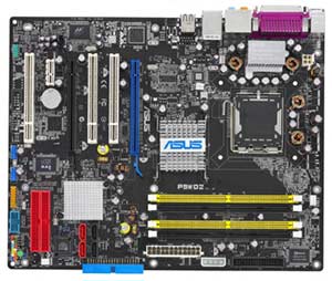 Asus P5WD2 Socket 775 Motherboard with Integrated LAN, USB, 3 PCI, SATA, and Overclocking features.