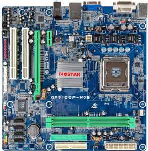 Biostar GF7100P-M7S Motherboard,Supports Intel&reg; Core2 Quad/ Core2  Duo/Pentium&reg; D/Pentium&reg; 4/Pentium&reg; 400 Series/Celeron&reg; Processor in the Socket LGA 775, NVIDIA GeForce 7100 chipset, 1 x PCIe x16, 1 x PCIe x1, 2 x 32-bit 33MHz PCI, DDR2, LAN, USB, IDE, SATA2, RAID, Video (VGA & DVI), Audio, SPDIF, Micro-ATX Form Factor