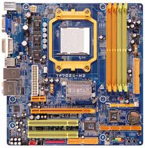 Biostar TF7025-M2 Motherboard, Supports AMD Athlon 64 X2 Dual-Core /  Athlon 64 FX / Athlon 64 / Sempron processor in the Socket AM2, nVidia GeForce 7025 chipset, 1 x PCIe x16, 1 x PCIe x1, 2 x 32-bit 33MHz PCI, DDR2, LAN, USB, IDE, SATA2, RAID, Video ( VGA & DVI), Audio, SPDIF, Micro-ATX Form Factor