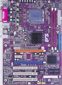 ECS 945PL-A  Motherboard, Supports Pentium D / Pentium 4 / Celeron D Processors in the Socket  LGA 775, Intel ® 945PL chipset, 1 x PCIe x16, 1 x PCIe x16 (x4), 1 x PCI Express x1, 3 x 32-bit 33MHz PCI, DDR2, LAN, USB, IDE, SATA2, Audio, Crossfire Ready, ATX Form Factor