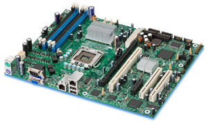 Intel S3000AHLX Motherboard, Intel ® Xeon ® processor 3000 sequence, Intel ® Pentium ® Extreme Edition, Intel ® Pentium ® D Processor, Intel ® Pentium ® 4 Processor, Intel ® Celeron ® D Processor in the Intel ® LGA775 package, Intel ® 3000 chipset, 1 PCI-E x1, 1 PCI-X 133 Mhz, 2 PCI 32 bits, One Intel ® Adaptive Slot supporting PCI Express x 8 or PCI-X 64-bit/133 MHz, DDR2, Dual LAN, USB, SATA2, RAID, Video, ATX  Form Factor 