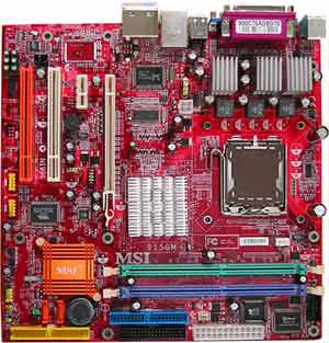 Socket 775 for Intel Pentium 4, Intel Grantsdale 915G chipset, 2 DIMM, 1 PCI Express 16x, 1 PCI Express 1x, 2 PCI, On-board Audio, LAN, USB. SATA, RAID. Micro-ATX form factor.