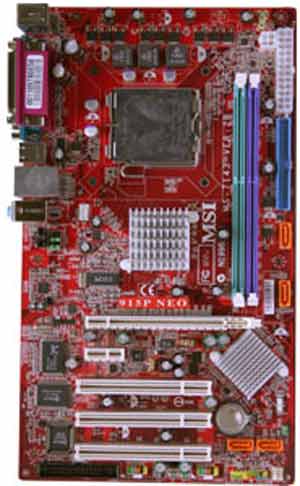 Socket 75 for Intel Pentium 4, Intel 915P chipset, 2 DDR, 1 PCI Express 16x, 1 PCI Express 1x, 3 PCI, SATA, On-board Audio, LAN, USB. 