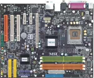 Socket 775 for Intel Pentium 4, Intel 945P chipset, 4 SDRAM, SATA, RAID, 1 PCI Express 16x, 2 PCI Express 1x, 3 PCI, On-board Audio, Lan USB, Firewire. ATX form factor.
