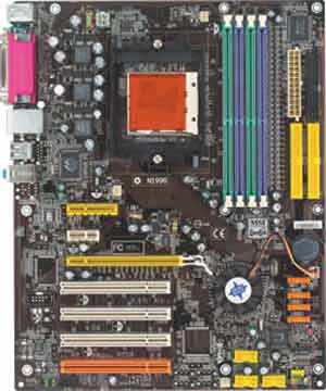Socket 939 for AMD Athlon 64FX/64, nVIDIA nForce 4 chipset, 1 PCI Expess 16x, 1 PCI Express 4x, 1 PCI Express 1x, 4 PCI, 4 DIMM, On-board Audio, LAN, USB, SATA, RAID. ATX form factor.