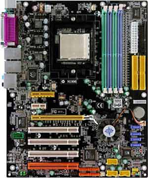 Socket 939 for AMD Athon 64FX/64, nVIDIA nForce 4 Ultra chipset, 1 PCI Express 16x, 1 PCI Express 4x, 1 PCI Express 1x, 4 PCI, On-board Audio, LAN, USB, Firewire, SPDIF, RAID, SATA, 4 DIMM slots, ATX form factor. 