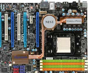MSI K9A2 Platinum Motherboard, AMD® Phenom/Athlon/Sempron in the Socket AM2+ package, AMD® 790FX chipset,  2 mazarine PCI Express x16 slots,  2 light-blue PCI Express x16 slots with x8 operations, 1 PCI Express x1, 2 PCI, DDR2, LAN, USB, IDE, SATA2,  RAID, eSATA, SPDIF Optical, Firewire, Audio, RAID, ATX Form Factor 