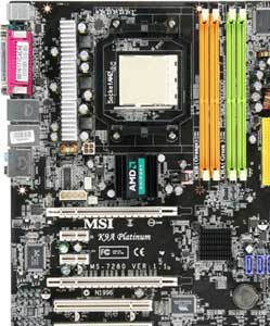 MSI K9A Platinum Motherboard, AMD ® Athlon 64 X2, Athlon 64, Athlon FX and Sempron in the Socket AM2 package, AMD ® CrossFire 580X chipset,  2 PCI Express x16 slots,  2 PCI Express x1, 2 PCI, DDR2, Dual LAN, USB, IDE, SATA2,  RAID,  SPDIF, Firewire, Audio, RAID, ATX Form Factor