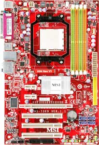MSI K9N Neo-F V3 Motherboard, AMD ® Athlon 64/ 64X2 & Sempron in the socket AM2 package, NVIDIA ® nForce 560 chipset,  1 PCI Express x 16, 2 PCI Express x 1, 3 PCI, DDR2, LAN, USB, IDE, SATA2,  RAID, Audio, SPDIF, ATX Form Factor 